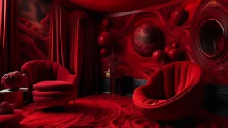 Create an image in the style of a surreal, futuristic painting. Envision a room with walls, floor, and ceiling entirely covered in a deep, rich red velvet fabric. The texture should appear luxurious and tactile, inviting the viewer to touch.