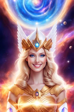 cosmic woman angels smile, admiral from the future, one fine whole face, crystalline skin, expressive blue eyes,rainbow, smiling lips, very nice smile, costume pleiadian, Beautiful tall woman pleiadian Galactic commander, ship, perfect datailed golden galactic suit, high rank, long blond hair, hand whit five perfect detailed finger, amazing big blue eyes, smilling mouth, high drfinition lips, cosmic happiness, bright colors, blue, pink, gold, jewels, realist, high commander,ufo rainbows