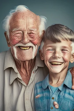 happy old man with son 9 years old boy