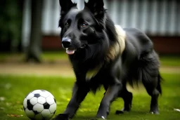 dibuja una perra ciega y sorda de raza ovejera belga de color blanco, buscando con su olfato una pelota de futbol