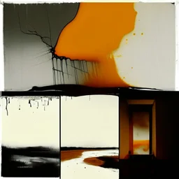 Melancholy Minimal abstract flat landscape painting. Rough brushstrokes and dripping paint. A single orange colour highlight with complimentary background colours. Use rule of thirds. Place the Horizon line at the top. Style of Justin Mortimer.Abstract empty landscape painting. Dripping paint. Rough. Minimal. Style of Justin Mortimer.