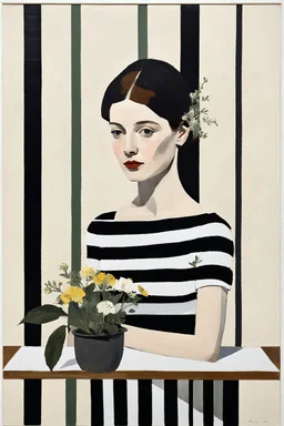maria Lassing -Euan Uglow mixed media. collage painting acrylic, oil, simple background, table, mixed media, collage 3/4 portrait, woman, florist, flowers, botanical elements, black & white stripes design