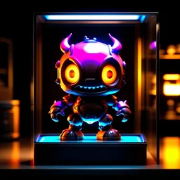 cute chibi robot monster in a glass display case with a orange aura glow, and staring eyes