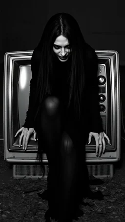 Black and white classic movie the well . A scary women wearing all black and long hair covering her face stepping out of an old tv devise both her hands on the touching the ground out side the tv but her half of her buddy is inside the tv is like getting out of tv crawling out of the tv , scary scene