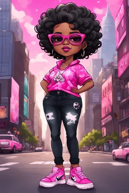 create an magna illustration of a chibi cartoon voluptuous black female. Wearing a tye dye blouse and tight black jeans with hot pink Nike sneakers. Prominent make up with hazel eyes and she is wearing pink glasses. Extremely Highly detail of a very low platinum shiny black pixie haircut. Background of a busy city street. 2k