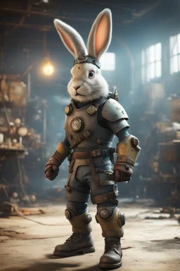 portrait of fast viking rabbit with helmet & boots in fallout 4 setting, bokeh, downlight, prize winning, depth of field, trading robot monster in background, stereoscopic cartoon