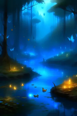 landscape of a shrouded swamp with clear water, butterflies, braseros with blue flames