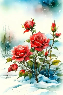 Winter landscape, blooming roses in the snow. Jean-Baptiste Monge style, watercolor, ink. Picturesque and colorful. Bright colors of the ring exquisitely luxury chic aesthetics photo harmony professional photo 64K pixel graphics high detail bright lighting