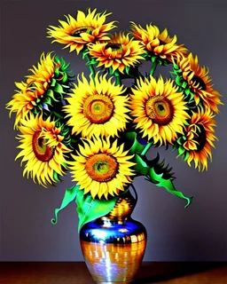 Girasoles de Vicent Van Gogh en metal brillante, florero plateado brillante, arte digital 3D maximalista, calidad ultra, intrincado, hiperdetallado, increíble obra de arte, 8k