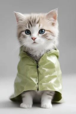 baby cat in raincoat. Chibi, Photograph, Canon DSLR, Tilt - shift, white background, high definition, Complete and coordinated composition, 8k