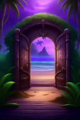 porta di legno con dentro un portale magico di colore viola che compare su una spiaggia con una giungla tropicale dietro