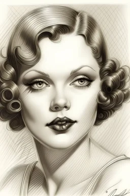 a beautiful bombshell type woman from the 1920s makeup pencil sketch