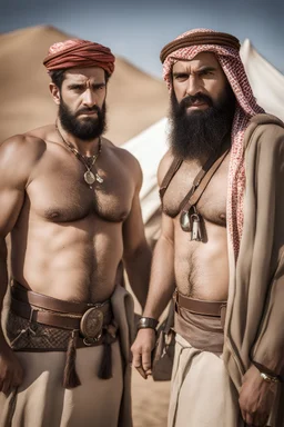 close up photography of two angry ugly brawn 30-year-old burly beefy bullneck arabs tourist guides wearing bulging traditional trousers, shirtless, big shoulders, hairy chest, manly chest, with very bushy eyebrows, photorealistic, sunlight, ambient occlusion, strong side light , near a camping tent in the desert