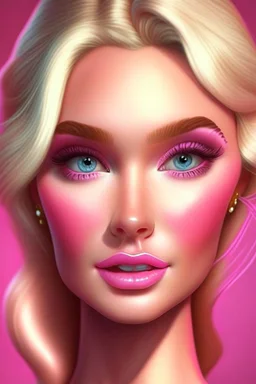 Barbie wears a very calm and beautiful nude makeup with a charming cartoonish luminous face with a very beautiful pink dress