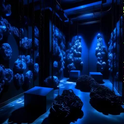 Walls covered in brains made from dark chain links in dark room lit by blue flames