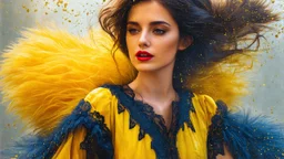 old worn layered canvas, mixed media, multiple exposure, layered, embossed, fine art luminous soft watercolor, glitter, luminosity, highlights, gold fragments, shine, light effects, medium plan, Venetian Gothic woman in YELLOW and dark BLUE airy dress, Red lips, lace, fur, fluffiness, wind, airiness, layered, blending, textured, surrealism, 3D, 8K, best quality, fine rendering, high detail, hyperrealism, high resolution, high definition, highest focus, hyper sharpness, hyperfocus, vignette