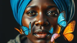 Extreme close-up portrait of a 32-year-old African woman with a blue turban, face filling the frame, several butterflies gently emerging from her mouth as if breath turned into color, warm side lighting, minimal dark background, hyperreal surrealist painting style.