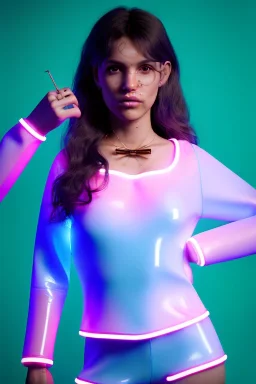 Ultra Realistic image, Rosalía artist, 40 years old, portrait, normal complexion, natural small busty, traditional little tattoo, two bows, little chopsticks hair ,black eye long liner, latex t-shirt and inflatable coat, gold pink and blue style, spray line glow make up, geometric led jewelry, fog, hot, inflatable style latex coat, vibrant color, highly detailed, art stations, concept art, smooth, unreal engine 5, god rays, ray tracing, RTX, lumen lighting, ultra detail, volumetric lighting.