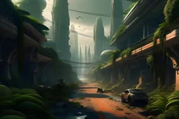 widok na ulicę miasta na obcej planecie z dżunglą z perspektywy człowieka