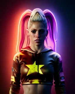 portrait, Shakira, blonde artist, angry, Realistic image, MMA robe, hoodie, mma gloves, loose long hair, fight pose, eyes, make-up, gold line make-up, moisture, sweat, fog, goddess, Neon colors, leds. Black background, photo studio, concept art, smooth, unreal engine 5, god lights, ray tracing, RTX, lumen lighting, ultra detail, volumetric lighting, 3d, finely drawn, high definition, 4k.