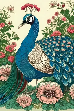 A jubilant peacock displaying its vibrant plumage in a lush garden filled with exotic flowers. sketch line