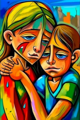 a girl hug her brother and both crying sadly, expressionism, Pixar style, in abstract art Basquiat, Picasso, Miro, Kandinsky, Klee, Birell, Fairey, Ardon, Buffet and Picasso style, HD --s 750 --v 5.1 --style raw, water color