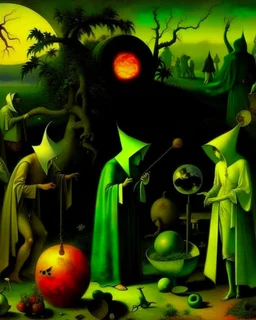 some mysterious figures, odd background, cinematic, Hieronymus Bosch, Max Ernst, vegetal life, rotten, ambient light, cry, ritual