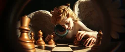 fish eye lense, pin hole cam, master oil painting by Rembrandt, realistic rendering one eyed chess angel a sense of depth