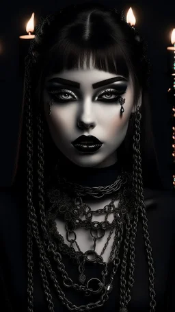 minimalism,amazingly beautiful fashion gothic girl black makeup closeup portrait covered in black diamonds charm chains and candles in the background
