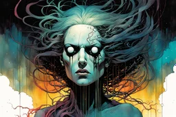 a surreal portrait of the inner workings of her disturbed mind as a nightmarish charnel house of seething pain , in the comic book style of , Bill Sienkiewicz, , Jean Giraud Moebius , and Alex Pardee muted natural color, sharp focus, ethereal , dark and foreboding