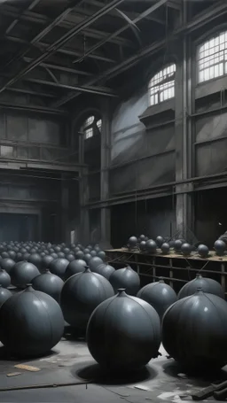A dark gray factory with bombs painted by Michelangelo di Lodovico Buonarroti Simoni