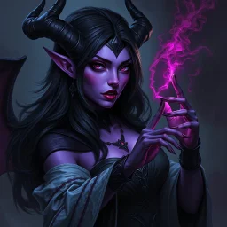 drow elf woman, sorceress, enchantress, dark hair, purple skin, demonic, digital art, dark fantasy, realism, stylised