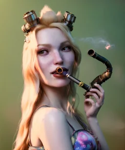 Ultra realistic photographic portrait, happy blonde woman smoking a pipe in Wonderland, wide angle view, smile steampunk dress style, marihuana plants, color fog, color smoke, soft color, highly detailed, unreal engine 5, ray tracing, RTX, lumen lighting, ultra detail, volumetric lighting, 3d, finely drawn, high definition.