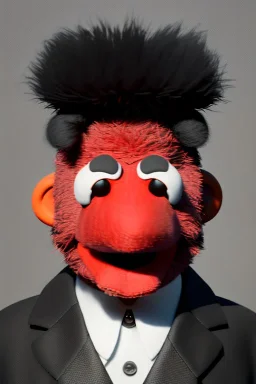 Waist up muppet Portrait, Kim Jong-un muppet doll, black suit, photo studio, red background, unreal engine 5, concept art, art station, god lights, ray tracing, RTX, lumen lighting, ultra detail, volumetric lighting, 3d.