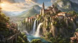 a wide waterfall falling upon a medieval european city at the end of a steep, narrow, 3.000 feet tall ravine. a masterpiece, fantasy concept art, dynamic lighting, hyperdetailed, intricately detailed, deep color, Unreal Engine, volumetric lighting, Epic cinematic brilliant stunning intricate meticulously detailed dramatic atmospheric maximalist digital matte painting