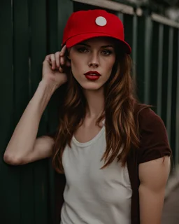 woman with a red baseball hat.