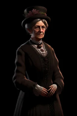 warm but stern aunty victorian era, posh british accent influenced, high born facial features dnd character on a solid black background, full body image, high quality realistic.