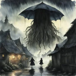 diffused watercolor that looks faded and aged, in distance a barely visible hint of a silhouette of a flying Lovecraftian three headed colossus shrouded in mist whose rough shady profile outline is briefly lit by a flash of lightning, paranoiac, strange thatched-house village in foreground with crude wooden fences, downpouring rain, people huddled under umbrellas, subtle, quiet horror, blue and green color scheme, dark grey negative space