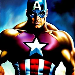 portrait oil on canvas, Captain America ,comic book cover, mystical colors,insanely detailed,realistic,intrincate detail, 16k resolution, masterpiece,Frank Frazetta,Alex Horley, Simon Bisley