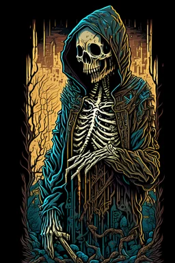 an image of a skeleton wearing a hoodie, inspired by Dan Mumford, sots art, mother of all decks, barren earth, heavy metal magazine cover, set back dead colors, priestess of the damned, disposal mummy, tshirt design, greg rutkowski detailed, teaser