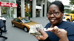 woman with fat hands gives a stack of cash to upgrade her iphone11. for an iphone 4