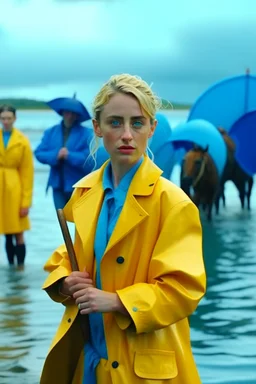 In the music video, a 23-year-old woman with blonde hair and bright blue eyes stands in the sea, se has a bun. dressed in a yellow fisherman's jacket. She holds an umbrella, but it offers no protection from the pouring rain. Around her, heavy horses are moving. The rain is pouring heavily. She is standing in the middle of the sea. You can see here completely. Horses only the girl and horses, i wanna see the horses dancing around her. She is wearing a fishers outfit. NOT SEXY!! middle of the sea