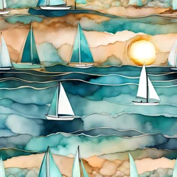 Alcohol ink art pattern. Vibrant, fantasy, delicate, ethereal. Sailboats. Shades of blue, teal, aqua, turquoise, white. waves on shore. Sun. colorful beach. Background ink drip.