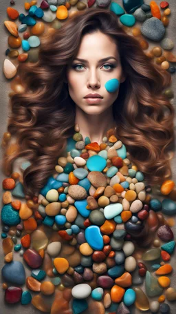 a half body portrait of a woman as made of stones of different colors, half body submerged in stones, hair made with stones, natural body posture, Art by Alberto Seveso, symmetrical, abstract artstyle, intricate complex watercolor painting, sharp eyes, digital painting, color explosion, concept art, volumetric lighting,TanvirTamim, metallic reflections, 2d render, by artgem, trending on artstation, UHD, HDR raw photo, realistic, sharp focus, 8K high definition, insanely detailed, intricate