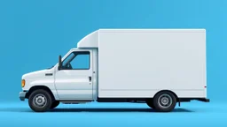 side profile of a white generic North American medium commercial truck with cube box with comedic proportions, blue background, Pixar comedic