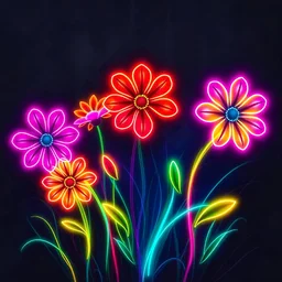 Dancing Colorful Neon Flowers With Neon Grass Whirling Dark Grunge Rustic Background.