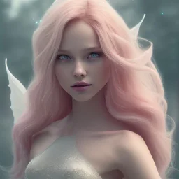 a pink castle, a cheerful fairy in front, big smile, pink, blonde hair, beautiful, whole face, whole top hair head, wide open blue eyes, transparent wings onn the back, hyperrealism, masterpiece, expert, cinematic lighting, sharp focus, 8K, pastel, macro lens, woman, detailed, flower