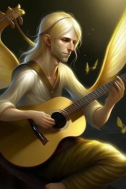 fee, männlich, Libellen-Flügel, hellblondes, fast weißes Haar, Laute spielend, lange spitze Ohren, goldene Augen, realistisch