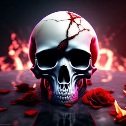 Crack Skull and red rose, marble texture, dark, shallow depth of field, macro lens, unreal engine 5, hyper detailed,8k, HDR, hyperphotorealistic, bone, set in fire, trending by artstation