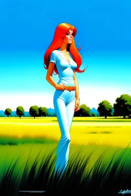 full body and headshot of a skinny young woman, with long straight red hair, standing in an open field, surrounded by trees, Frank Franzetta